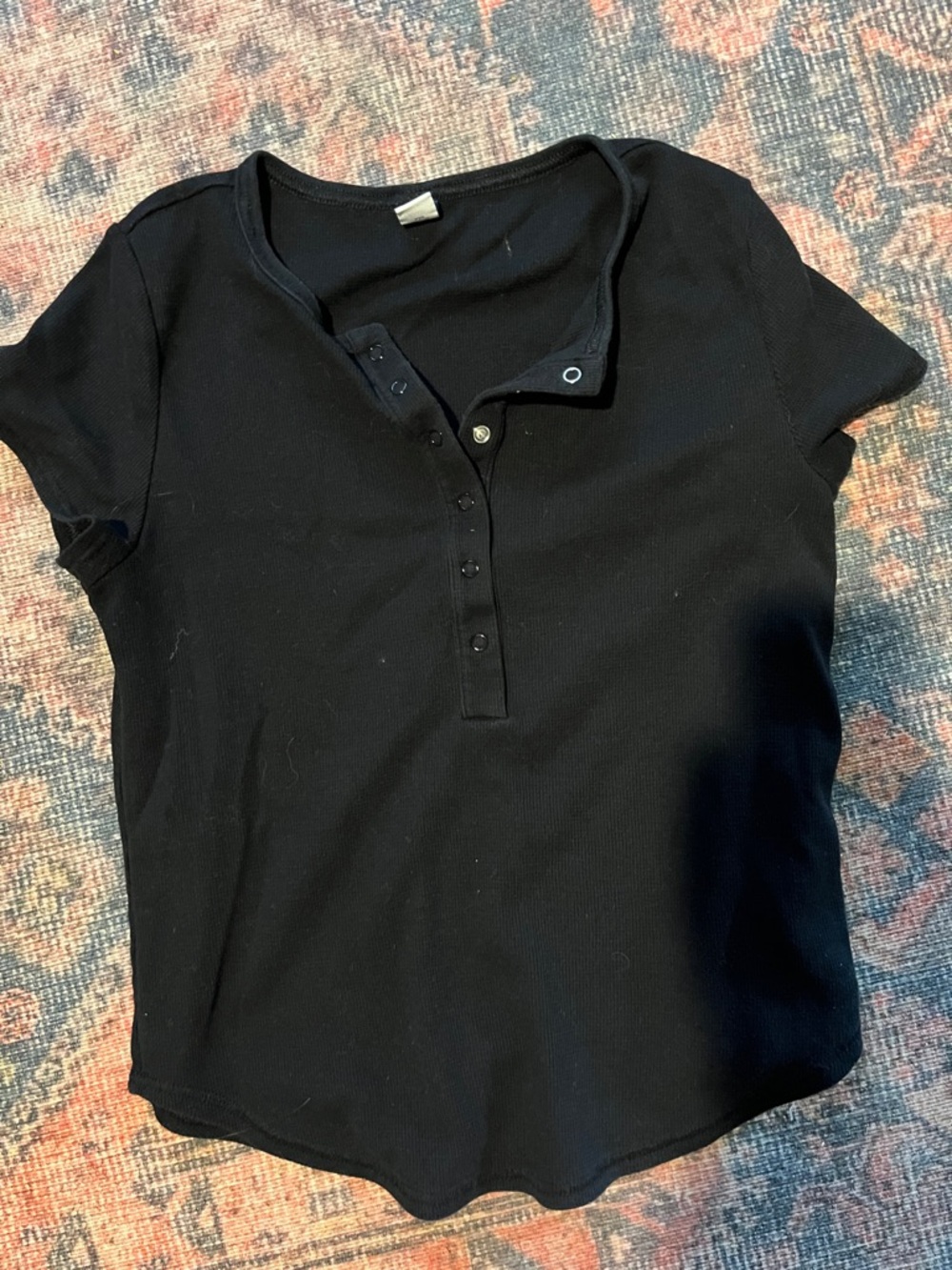 Old Navy Black Short Sleeve Henley Rib Knit Top